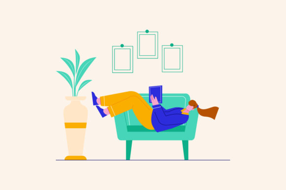 Woman Reading a Book on Sofa Vector: A Modern Visual for Creative and Professional Use